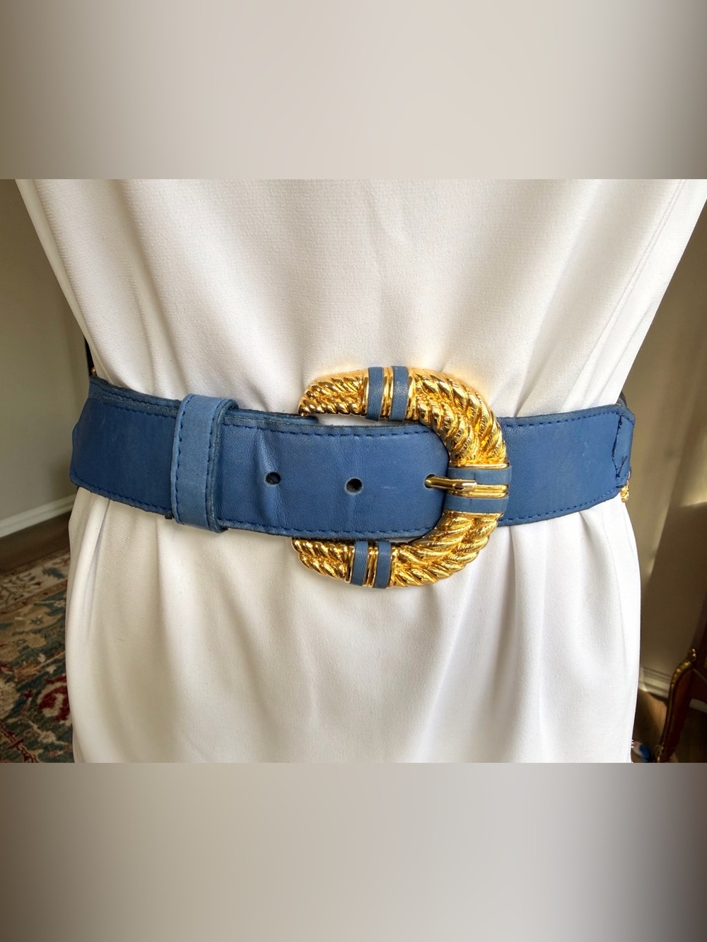 Vintage Carole Little Royal Blue Leather Gold Belt Made in USA